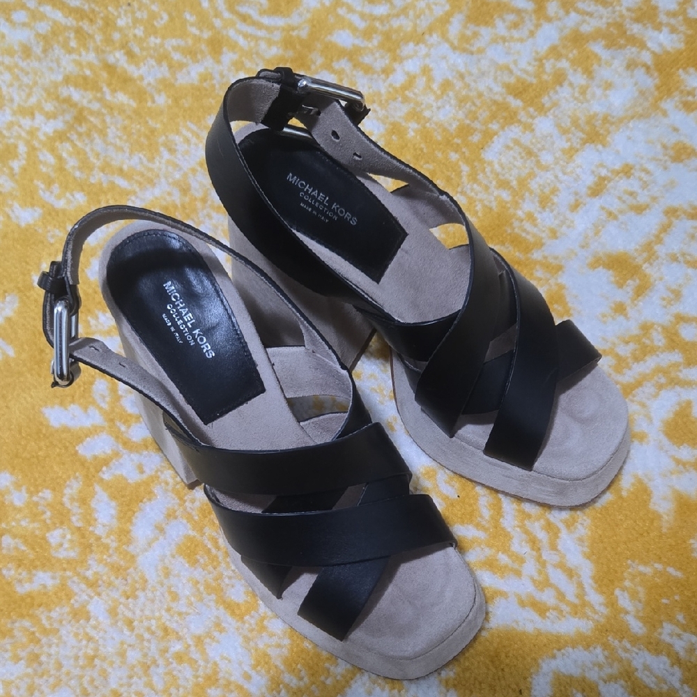 Michael Kors Black and Cream Wedge Sandals